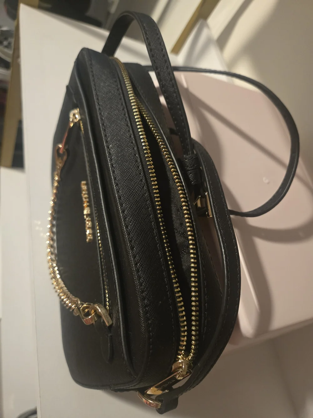 Michael Kors Black Saffiano Leather Crossbody Bag with Gold Chain